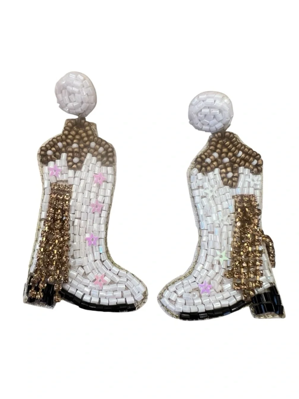 Beaded Cowboy Boot Drop Earrings White Gold Pink Star Western Bachelorette OS